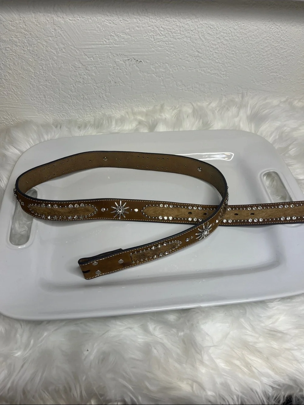 Nocona Tan Leather Belt with Crystal Starburst Accents